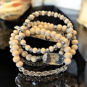 Elegant Beaded Bracelet Stack in Cream and Silver